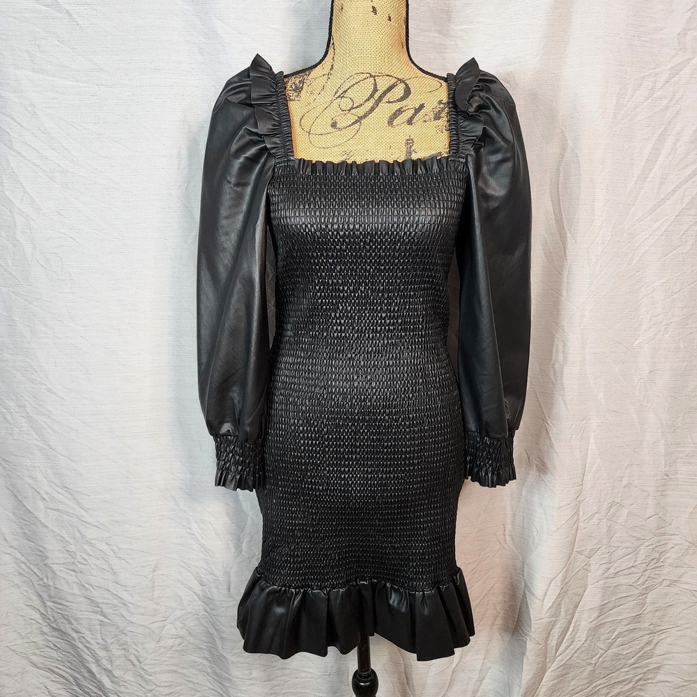 7 FOR ALL MANKIND Size Medium Smocked Puff Slv Faux Leather Bodycon Mini Dress